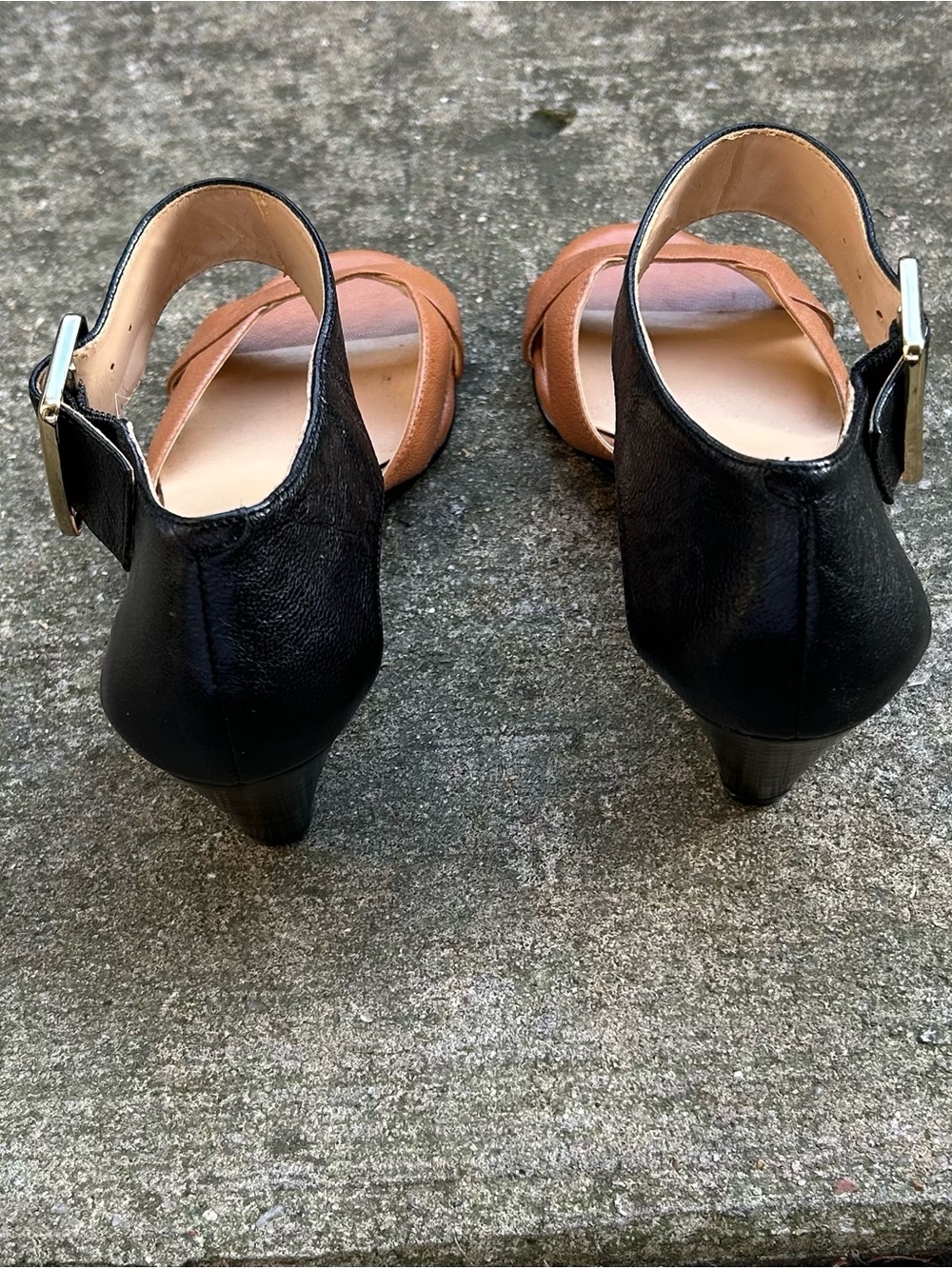 Nine West Two-Tone Black and Brown Leather Ankle Strap Sandals - Picture 3 of 5